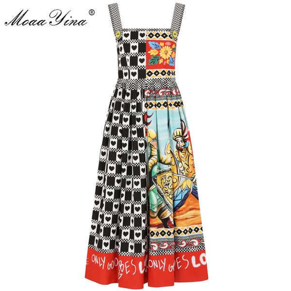 Fashion Designer Summer Runway Algodão Vestido Vintage Mulheres Spaghetti Strap Retro Soldado Carta Manta Impressão MIDI 210524