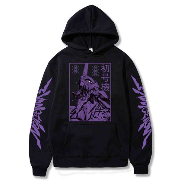 

men hoodi anime evangelion graphic eva-00 proto type oversize long sve pullover sweatshirts harajuku streetwear, Black