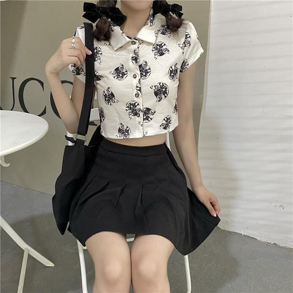 

women's t-shirt real s ne 2021 cat printing doll collar high waist slim short paragraph sleeve top, White