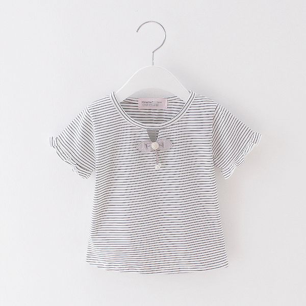 

hongyin 2021 short sleeve casual t-shirt baby girls' trendy children's summer clothes light gray black stripe, Blue