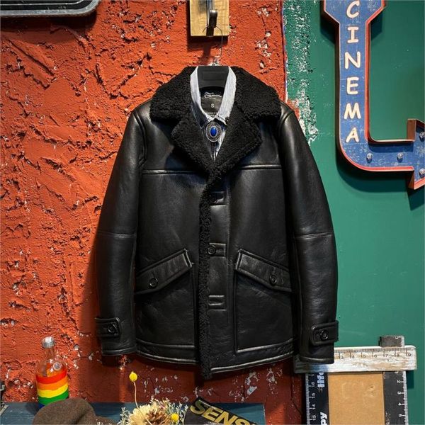 

men's leather & faux version texture elegant long lalambswool and fur in one, Black