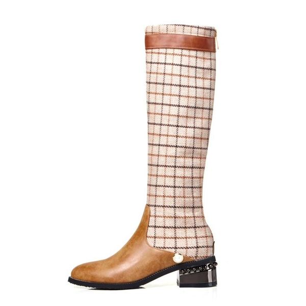 

boots quality pu women knee high shoes ladies winter fashion plaid comfort short lining mid heel back zip, Black