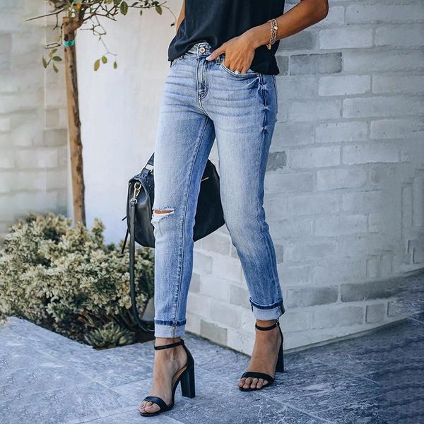 

women's jeans blue ripped pencil women high stretch slim vintage hole streetwear denim rousers lady black casual pants