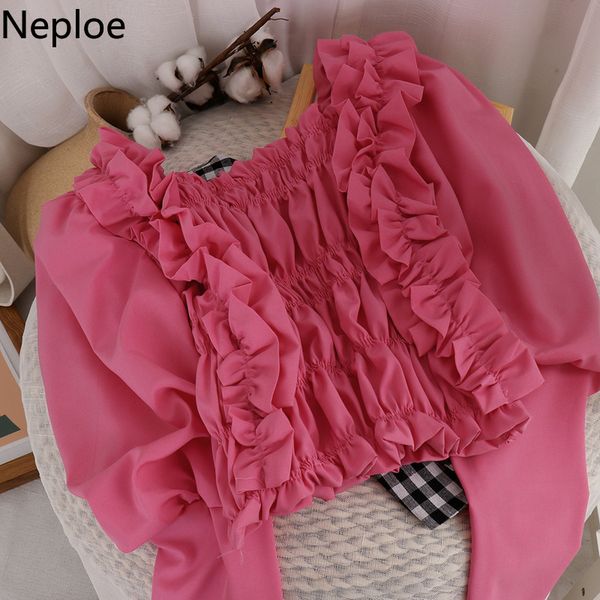 Camisa Neploe Camisa Temperamento Quadrado Collar Slim Short Bluses Sweet Slow Sleeve Ruffles Plissado Blusas Tops Feminino 4H385 210422