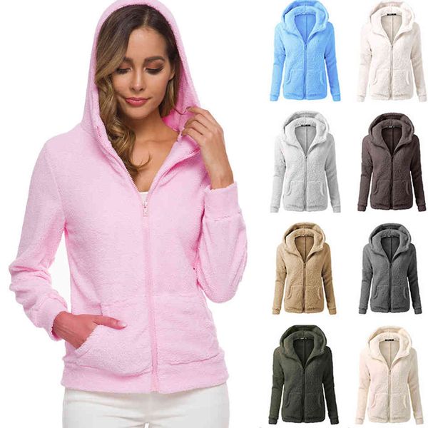 

zip up stuffed hoodies women's solid poleron mujer 2021 plain thick fuzzy hairy hoodie pocket more size 5xl, Black