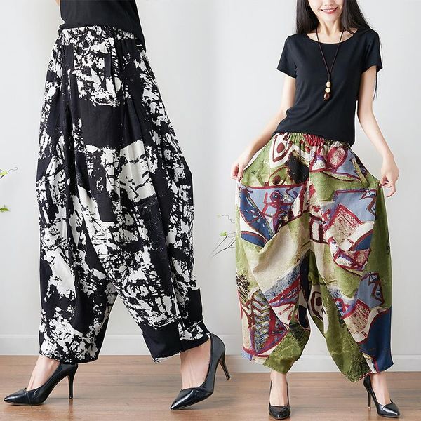

women's pants & capris superaen elegant wide leg elastic waist 2021 autumn vintage printing trousers womens clothing plus size, Black;white