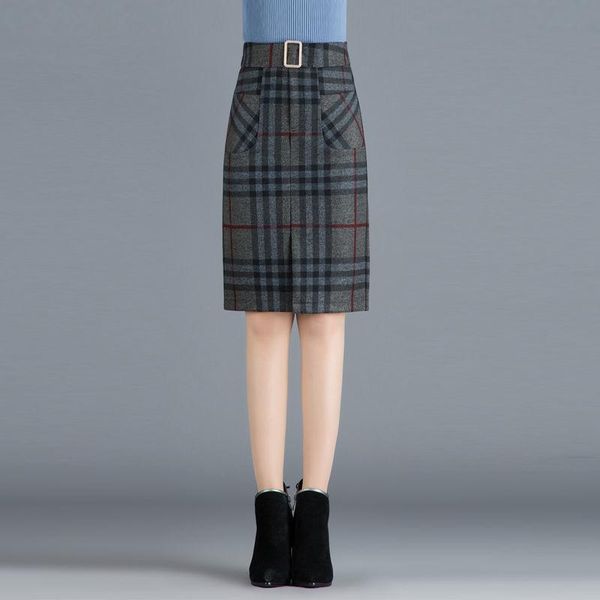 

skirts plaid women autumn and winter high waist slit package hip skirt woman faldas jupe, Black