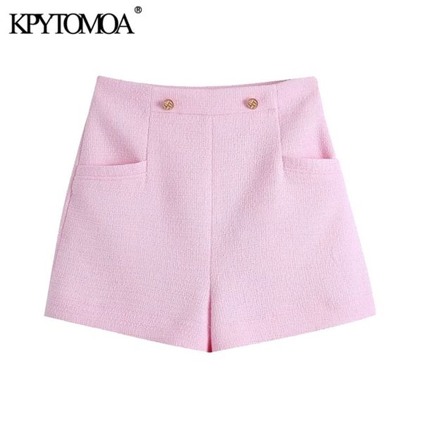 

women fashion with metal buttons tweed bermuda shorts high waist back zipper female short pants mujer 210420, White;black
