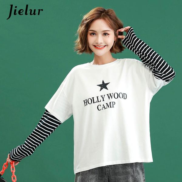 

women's t-shirt fake two piece patchwork t-shirts print -xxl female t shirt loose long sleeve woman tees yellow white