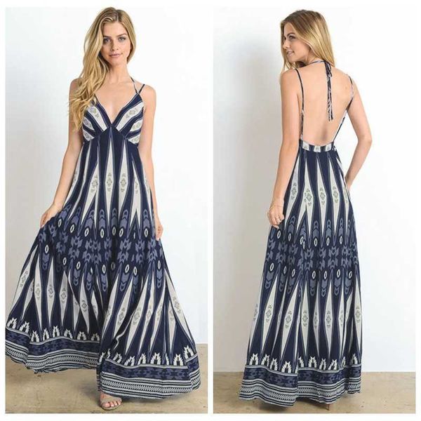 Americano Sexy Maxi Dress Mulheres Verão Spaghetti Halter Backless Impressão Vintage Vestido Longo Elegante elegante Vestido 210625