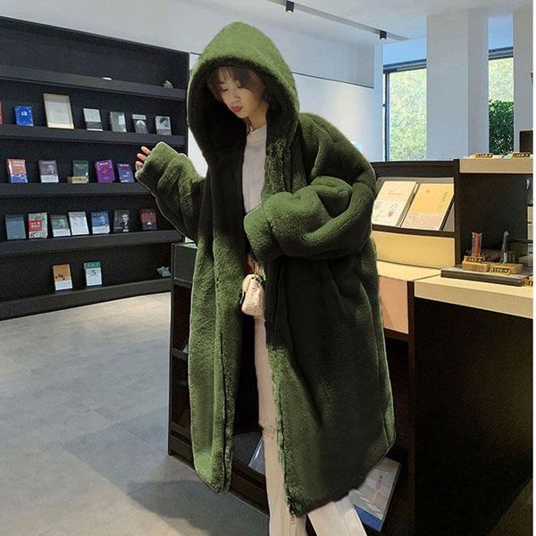 

women's fur & faux winter coat women clothes fashion plus size loose casual long korean solid hooded thick warm plush jacket t461, Black