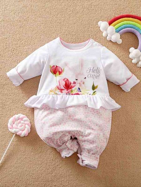 

yierying baby floral & cartoon graphic ruffle trim jumpsuit she, Blue