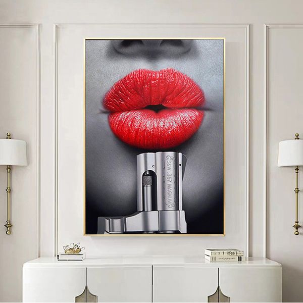 SELFLESSLY Canvas Art Labbra rosse con pistola Poster e stampe Immagini a parete per soggiorno Pittura decorativa moderna di arte della parete