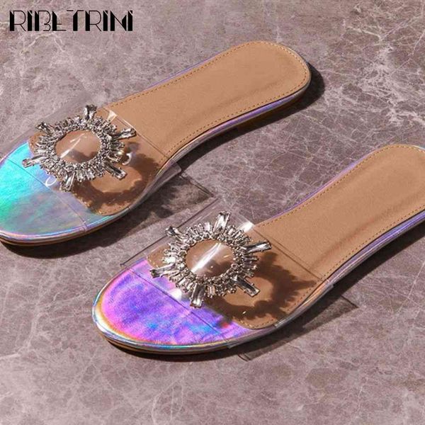 

sandals trendy rhinestone buckle slides fashion colored flat slippers women summer casual slip-on low heel shoes woman, Black