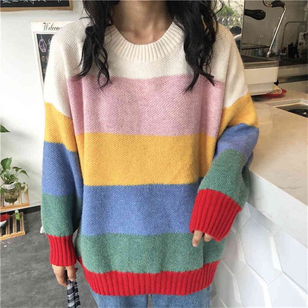 

women's sweaters wenfly pulÃ´ver feminino espesso, gola redonda de manga comprida listrado, suÃ©ter folgado estilo coreano k7j6, White;black