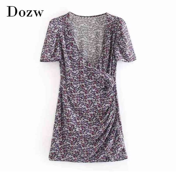 Verão Sexy profundo V Neck Mini Vestido Mulheres Impressão Floral Vintage Vestidos Casuais Senhoras Manga Curta Boho Sundress Robe 210515