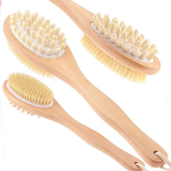 

body brush double-sided natural bristles scrubber long handle wooden spa shower massage