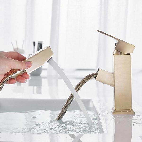 

pull out bathroom faucet basin with shower head water mixer sink tap single handle deck mounted brushed gold faucets