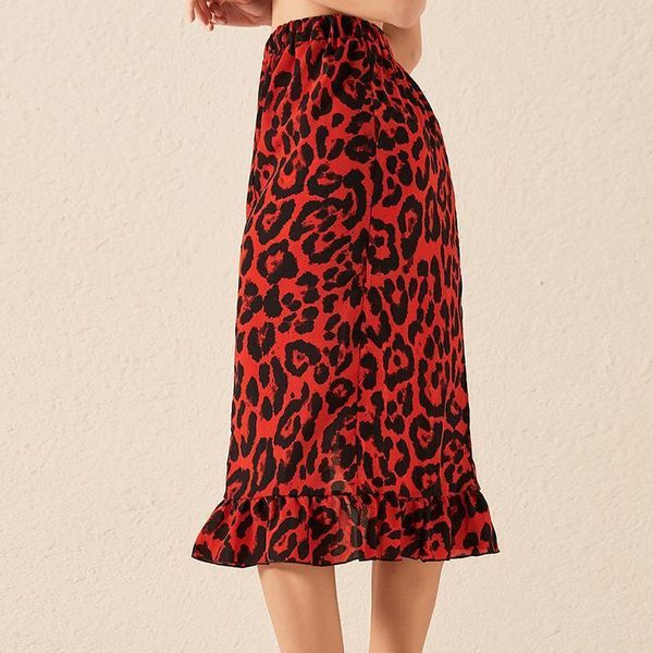 

summer red high waist midi womens skirts leopard long office ruffle animal print, Black