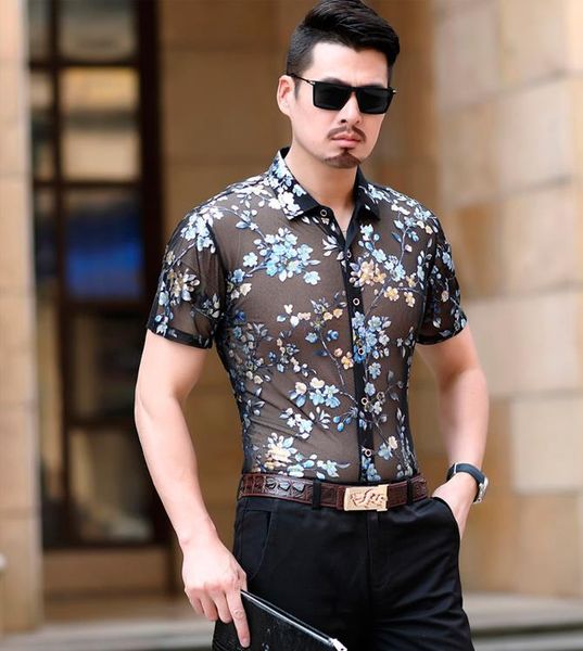 

mens floral see through slim shirt social club summer fashion streetwear transparent short sleeve mesh silk shirts men's casual, White;black