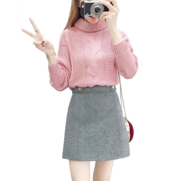

women's two piece pants winter skirt fashion suits women turtleneck pullover sweater & skirts two-piece outfits knitted matching set cl, White