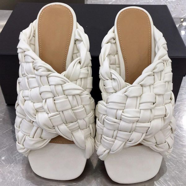 

80% off shoes weave slippers bule white shoes woman leather slides party women summer zapatos de mujer new fashion designer hot, Black