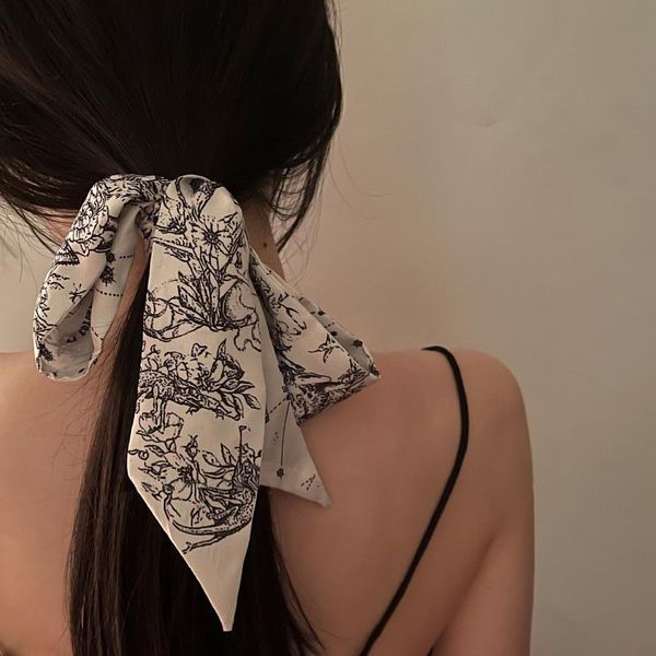 

scarves designer brand french style beige hair ribbon 100x6cm skinny scarf silk feeling sketch flowers printed chiffon girls headbands, Blue;gray