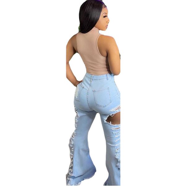 

women's jeans cn0099 selling fashionable high elastic hole washed trumpet, Blue