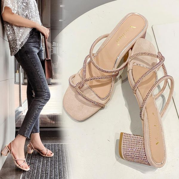 

slippers crystal rhinestone cross-tied summer woman shoes thick high heels slides 2-wear femme casual flip flops non-slip korean, Black