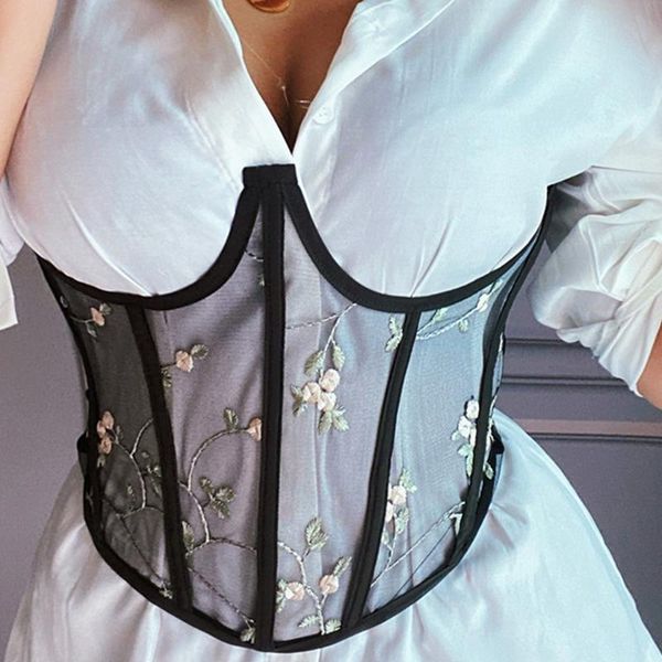 

belts women's lace up hollow bustiers curve shaper embroidery corsets chest support with flower for summer, Black;brown
