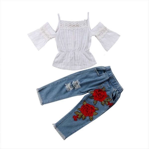 

floral toddler kids baby girls clothes outfits white lace hole denim pants summer fashion set