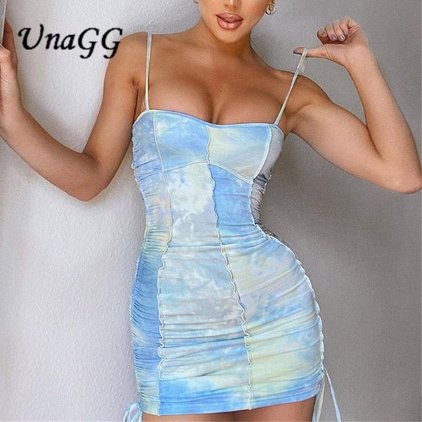

casual dresses unagg fashion strap tie dye ruched summer dress women drawstring patchwork bodycon club party sundress #1211, Black;gray