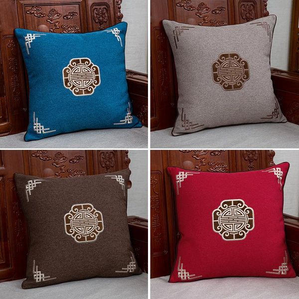

chinese style embroidered pure color cushion cover polyester linen pillowcase decoration for sofa waist cushion/decorative pillow