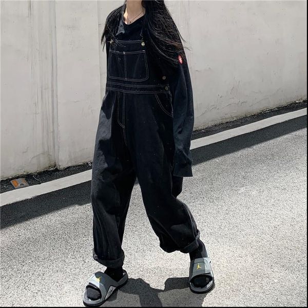 

korean denim japanese vintage womens rompers loose black oversized wide leg overalls for, Black;white