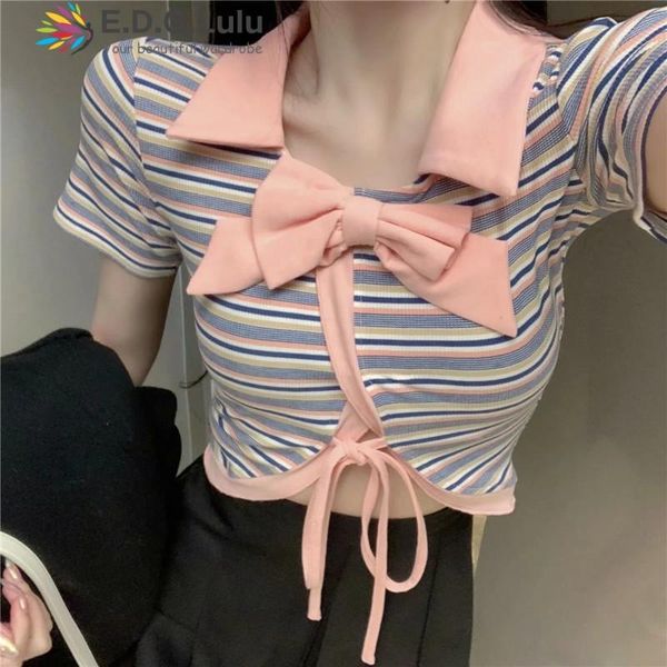

women's t-shirt edglulu women turn-down collar bow striped harajuku tshirt summer short sleeve lace-up navel skinny korean crop 041, White