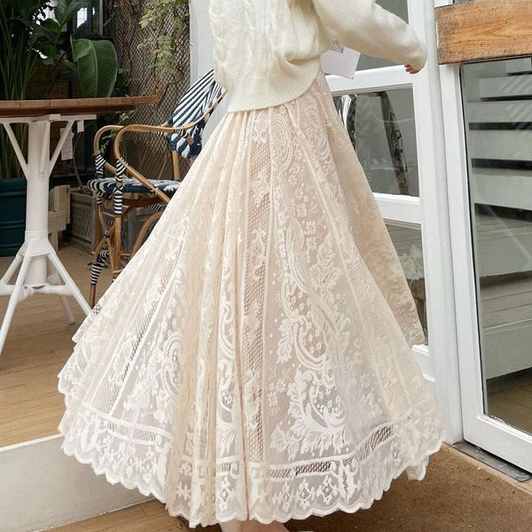 

skirts realeft vintage women's lace crochet umbrella long 2021 bohemian high waist hollow out female maxi spring summer, Black