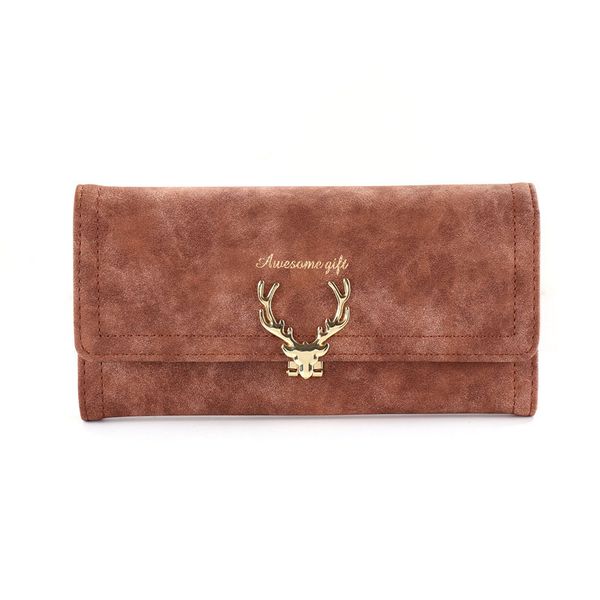 

new fashion trendy cool pu wallet leather frosted ladies long three fold deer head multi card position zipper buckle wallet clutch purs, Red;black