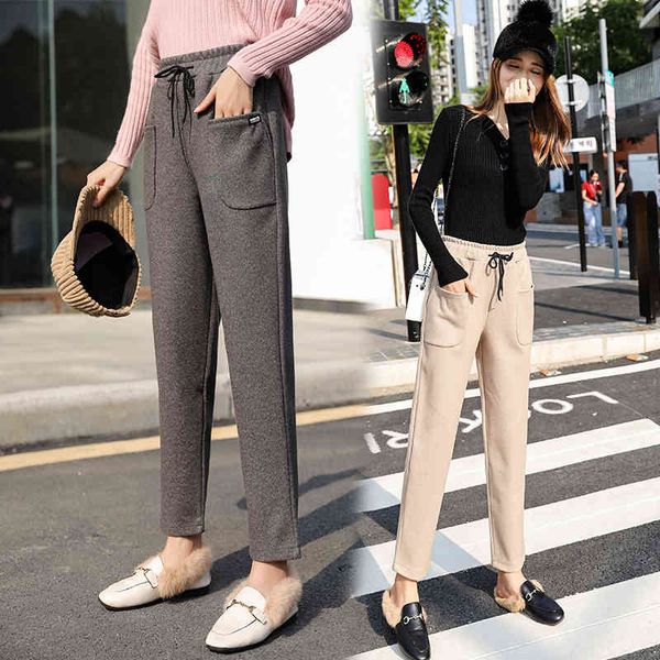 Addensare i pantaloni della matita delle donne Autunno Inverno Stile OL Lana Pantaloni da lavoro femminili Pantaloni larghi Capris 210514