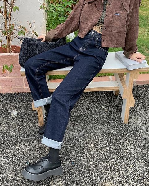 

women's jeans cmaz 2021 vintage high waist straight pants for women streetwear loose female denim buttons zipper ladies trouser, Blue