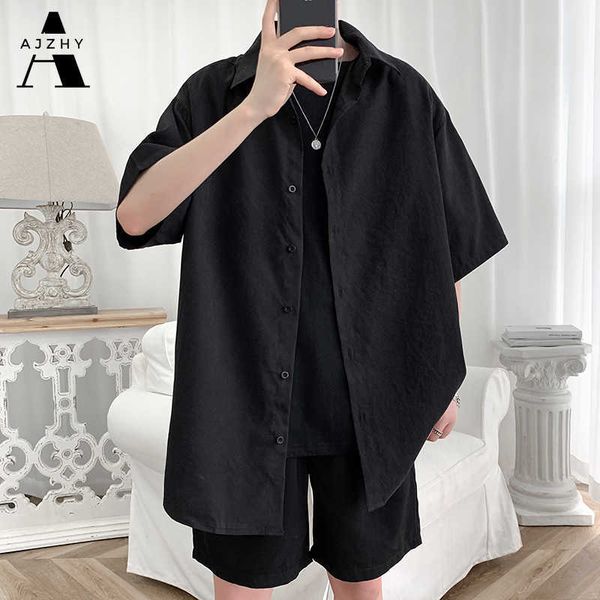 

streetwear shirt men solid cotton plus size short sleeve shirts loose summer fashion casual korean shirt mens clothes 210628, White;black