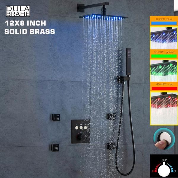 

inch bath system led rainfall head wall mounted conceal button thermostat mixer brass chrome brush black shower faucet set bathroom sets