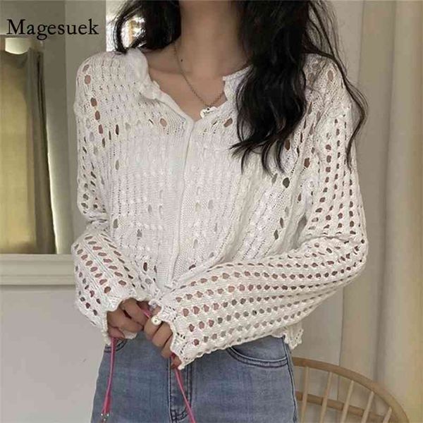 

spring knitted female hollow out casual button women blouse korean long sleeve shirts cardigan clothing 13483 210512, White