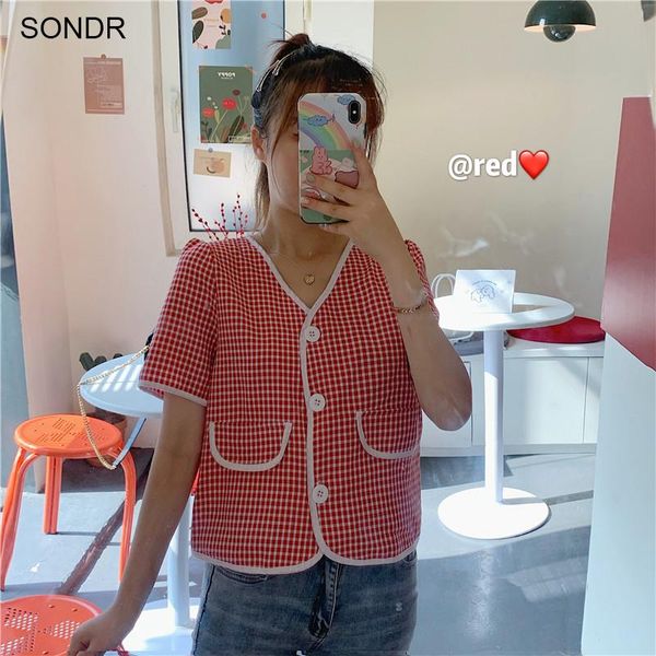

women's blouses & shirts woman's shirt black plaid print 2021 one piece summer korean niche bubble sleeve short-sleeved pocket, White