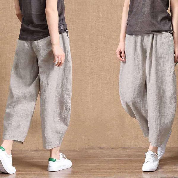 

women's pants & capris women casual harem solid color cotton linen wide leg trousers summer elastic waist plus size loose comfortable, Black;white