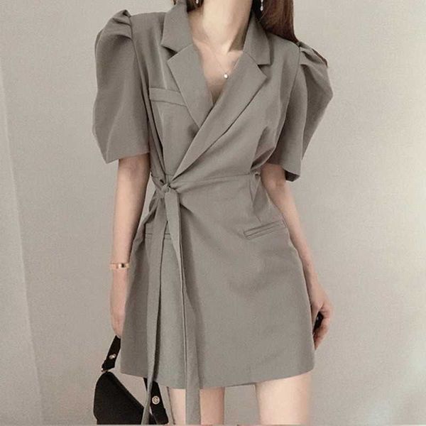 

korea chic lapel women dress puff sleeve lace-up slim waist elegant a-line vestidos femme 210526, Black;gray