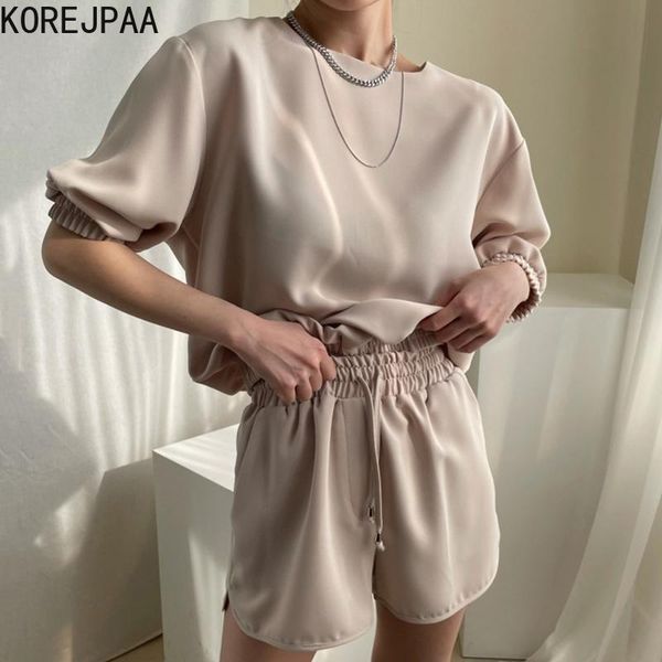 

korejpaa women sets 2021 summer korean chic female simple round neck loose five-point sleeve shirt high waist slacks shorts women's tra, Gray