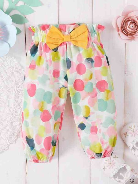 

baby allover print paperbag waist bow front pants she, Black