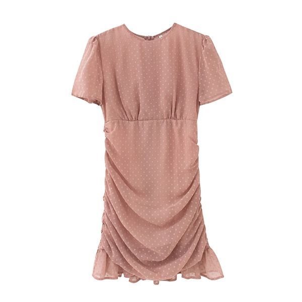 

women dot flocked chiffon pleated mini dress female o neck short sleeve clothes casual lady slim vestido d7373 210430, Black;gray