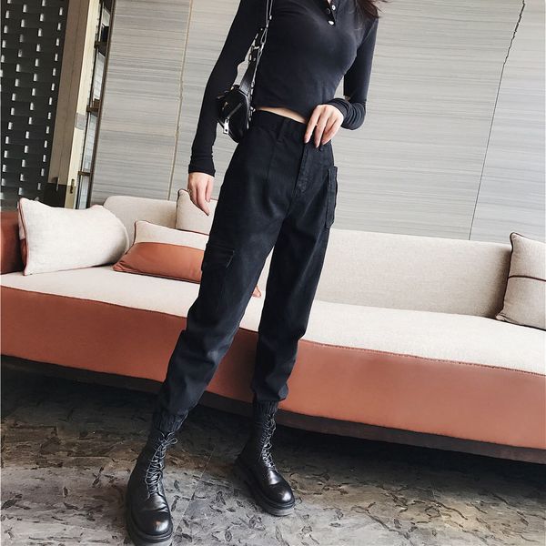 

kog566 withered black add/wool show handsome tall waist jeans female pine handsome loose bundle of qiu dong foot harlan overa, Blue