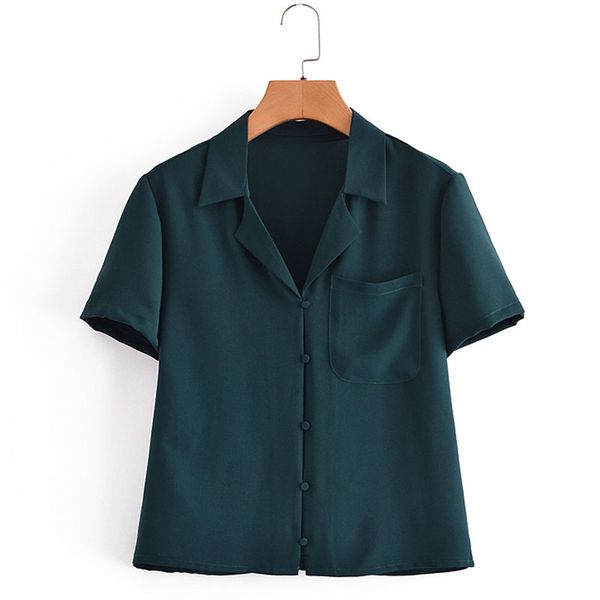 

fashion lapel short-sleeved single-breasted women solid color shirt vintage with pocket loose casual chic female shirt 210507, White